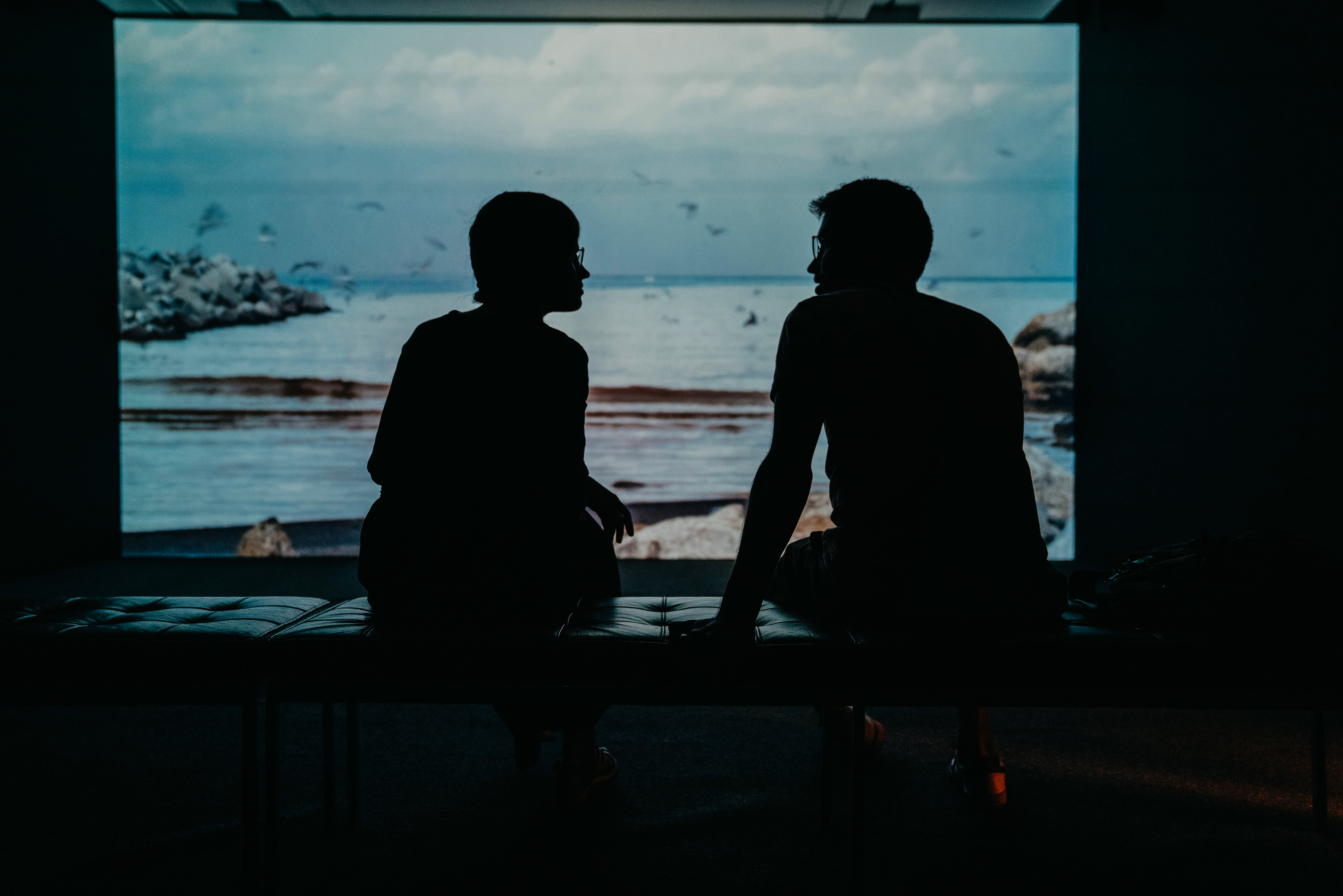 Silhouette of two people engaged in conversation